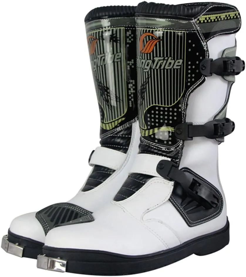 1Storm Men's Motorcycle Motocross Boots MX ATV Dirt Bike Rider Long High Racing White Boots B1007 US 9.5