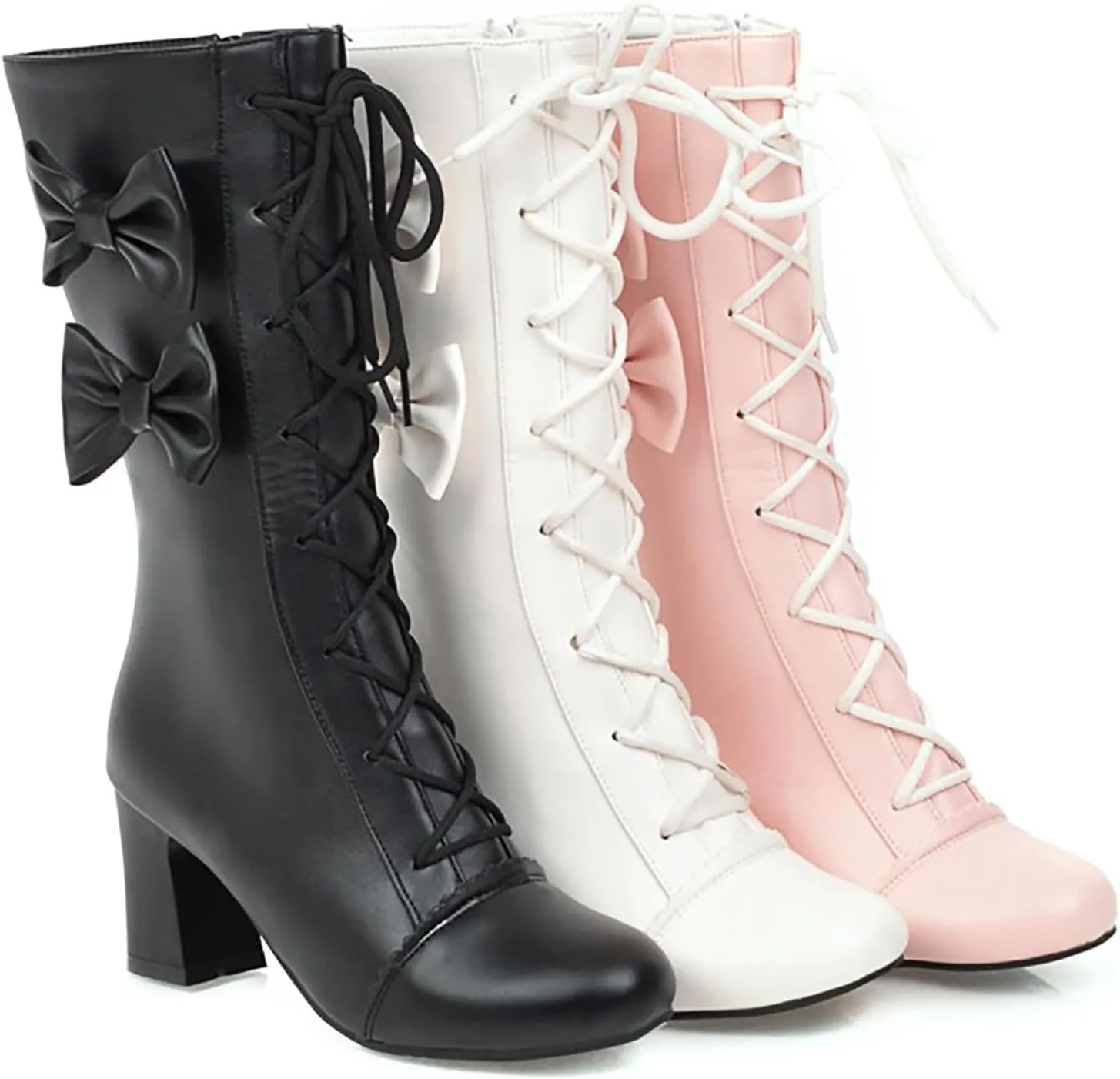 2024 Autumn And Winter New Women Pink Bowknot Lace Up Chunky Heel Mid Calf Boots Womens Wide Calf Dress Boots Sweet Style