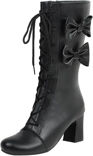 2024 Autumn And Winter New Women Pink Bowknot Lace Up Chunky Heel Mid Calf Boots Womens Wide Calf Dress Boots Sweet Style