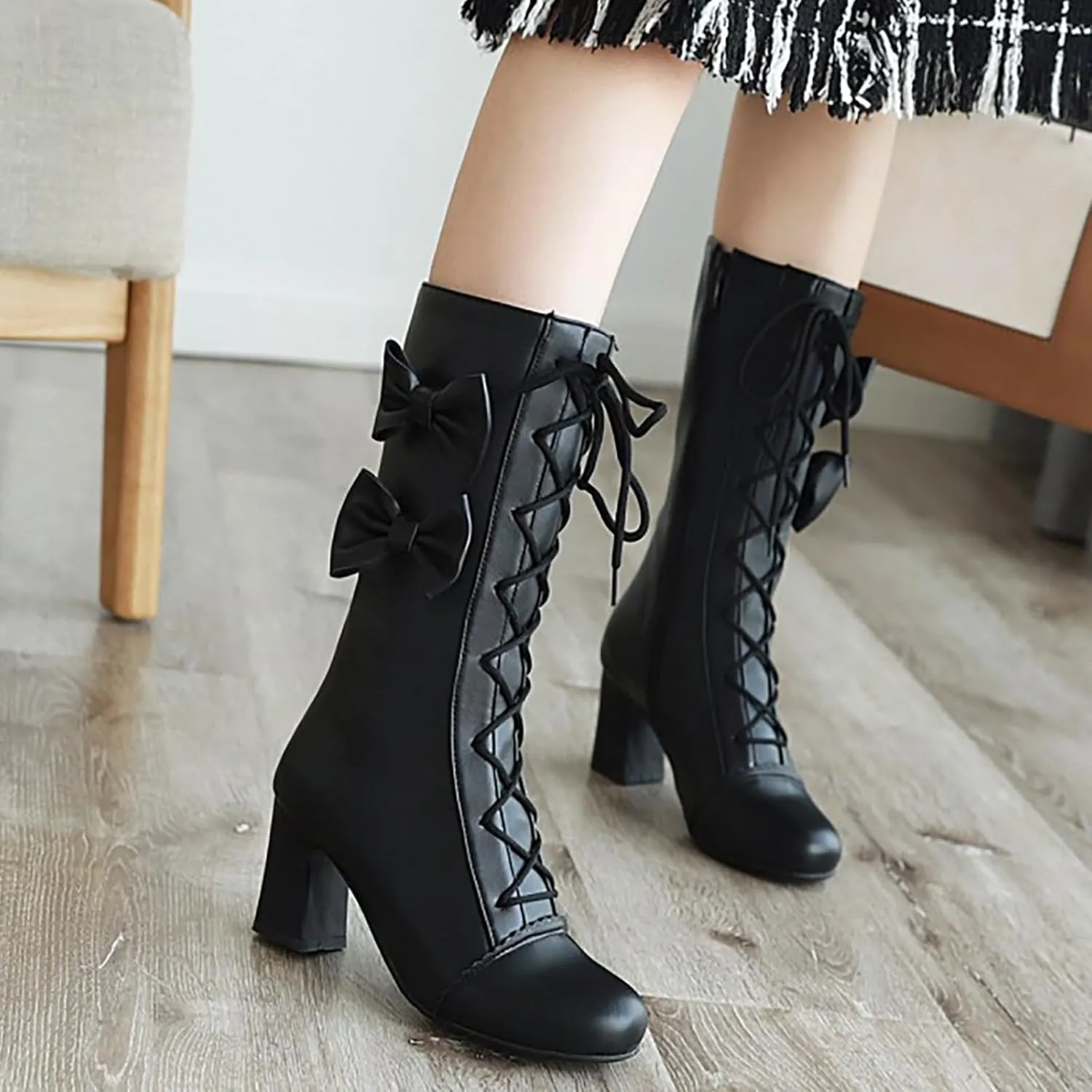 2024 Autumn And Winter New Women Pink Bowknot Lace Up Chunky Heel Mid Calf Boots Womens Wide Calf Dress Boots Sweet Style