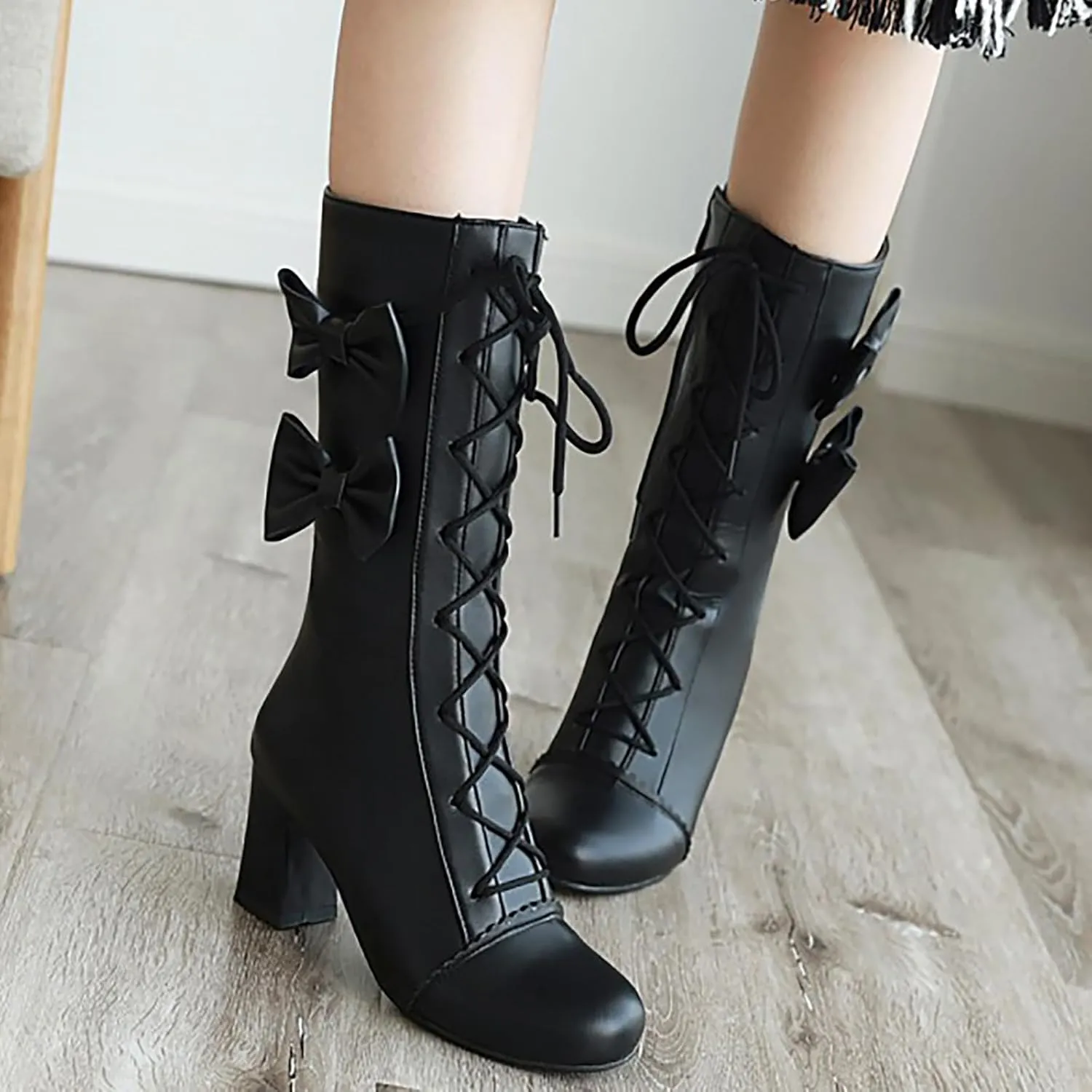 2024 Autumn And Winter New Women Pink Bowknot Lace Up Chunky Heel Mid Calf Boots Womens Wide Calf Dress Boots Sweet Style