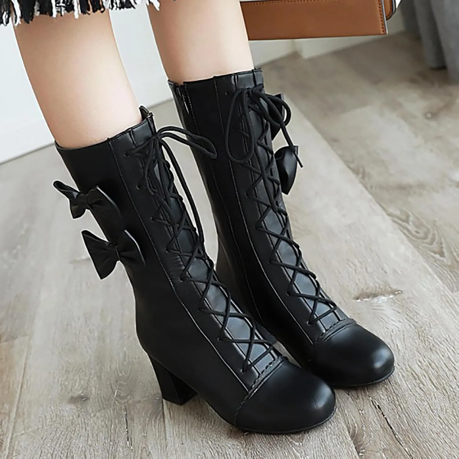 2024 Autumn And Winter New Women Pink Bowknot Lace Up Chunky Heel Mid Calf Boots Womens Wide Calf Dress Boots Sweet Style