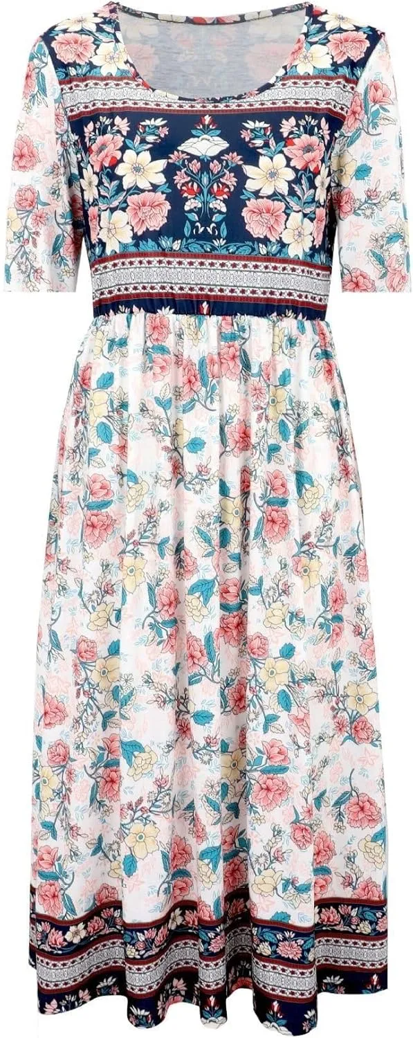 2025 Women Boho Casual Summer Beach Vacation Floral Printed Short Sleeve Tunic Wedding Guest Dress
