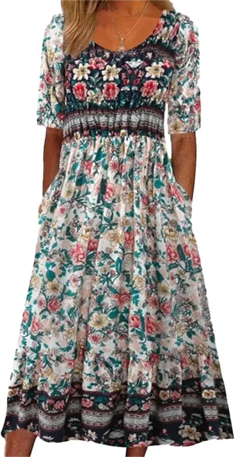 2025 Women Boho Casual Summer Beach Vacation Floral Printed Short Sleeve Tunic Wedding Guest Dress