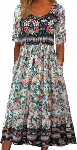 2025 Women Boho Casual Summer Beach Vacation Floral Printed Short Sleeve Tunic Wedding Guest Dress