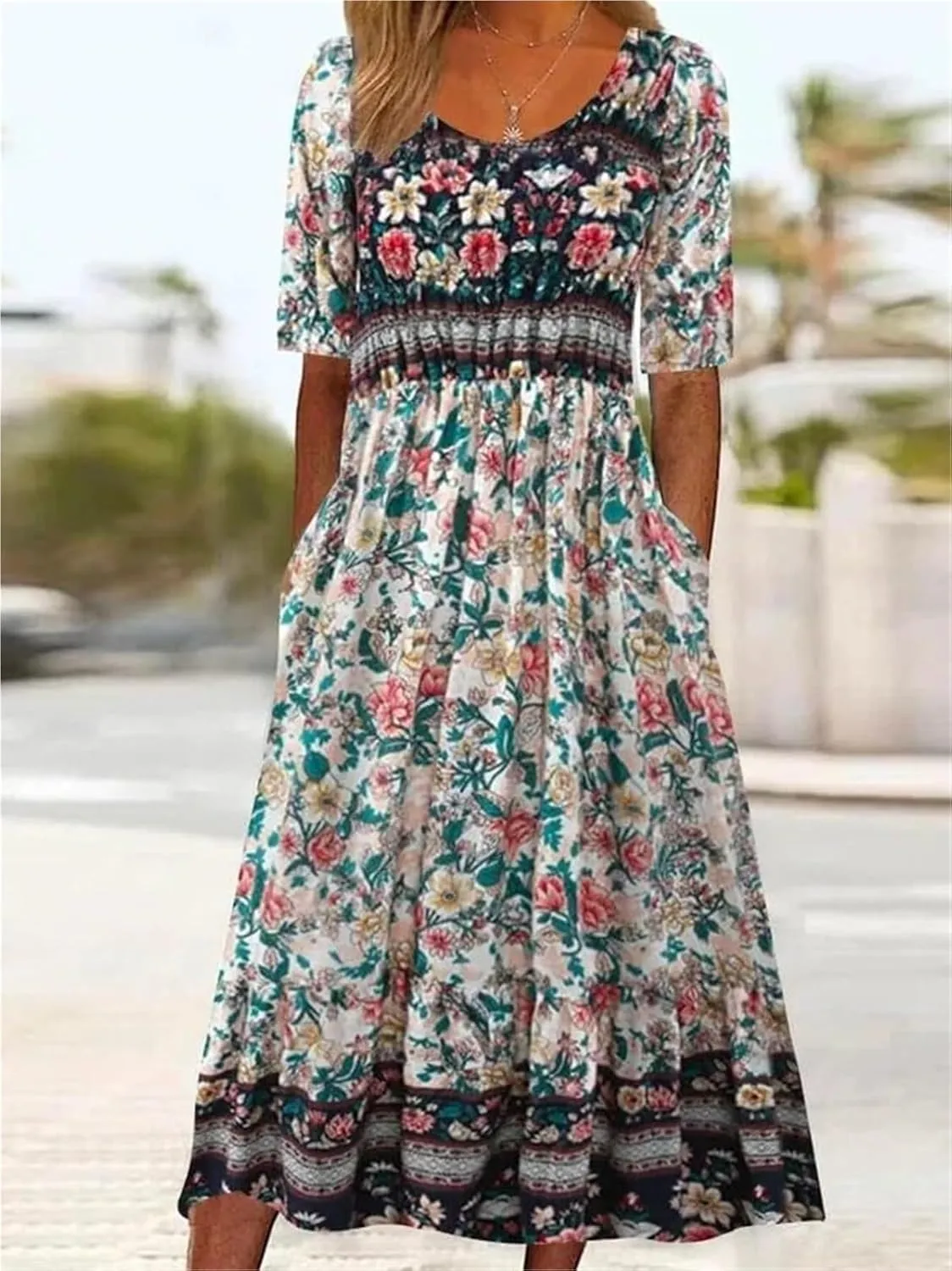 2025 Women Boho Casual Summer Beach Vacation Floral Printed Short Sleeve Tunic Wedding Guest Dress