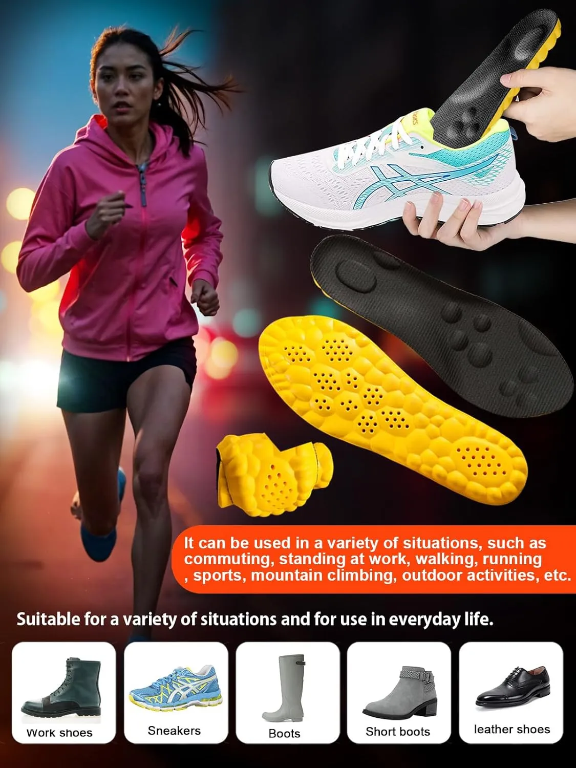 4D Cloud Insoles for Men and Women, Arch Support Insoles, Memory Foam Insoles, Shock Absorption and Cushioning Sports Shoe Insoles (Yellow, XL (Men 9-11/Women 10-11.5)