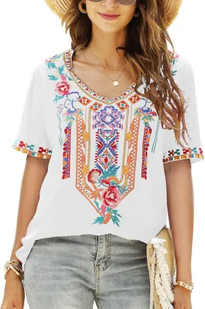 AK Women's V Neck Casual Summer Blouse, Boho Embroidered Mexican Peasant Tops Short Sleeve Shirts Casual Blouse Loose Tunics