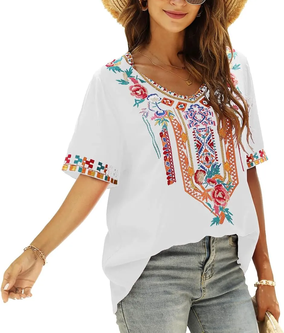AK Women's V Neck Casual Summer Blouse, Boho Embroidered Mexican Peasant Tops Short Sleeve Shirts Casual Blouse Loose Tunics