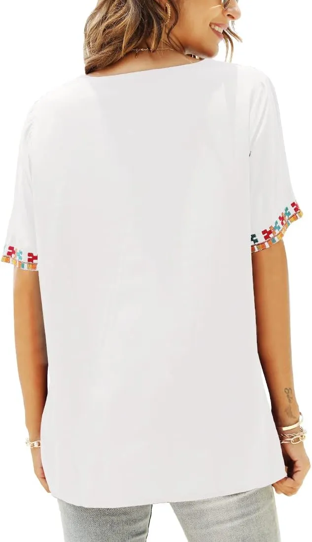 AK Women's V Neck Casual Summer Blouse, Boho Embroidered Mexican Peasant Tops Short Sleeve Shirts Casual Blouse Loose Tunics