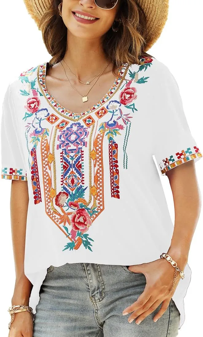AK Women's V Neck Casual Summer Blouse, Boho Embroidered Mexican Peasant Tops Short Sleeve Shirts Casual Blouse Loose Tunics