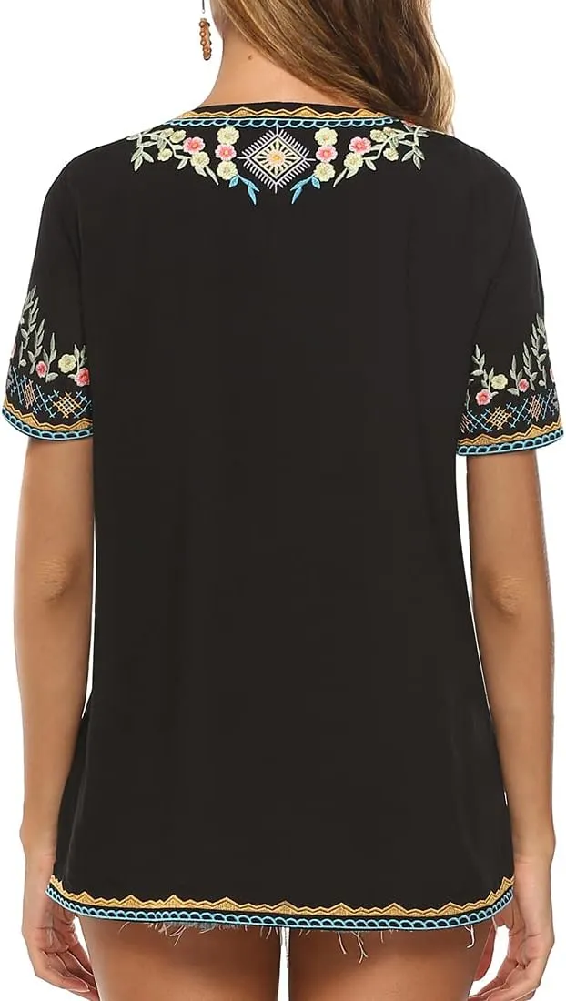 AK Women's V Neck Casual Summer Blouse, Boho Embroidered Mexican Peasant Tops Short Sleeve Shirts Casual Blouse Loose Tunics