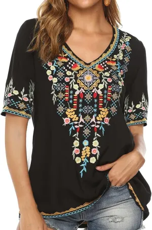 AK Women's V Neck Casual Summer Blouse, Boho Embroidered Mexican Peasant Tops Short Sleeve Shirts Casual Blouse Loose Tunics