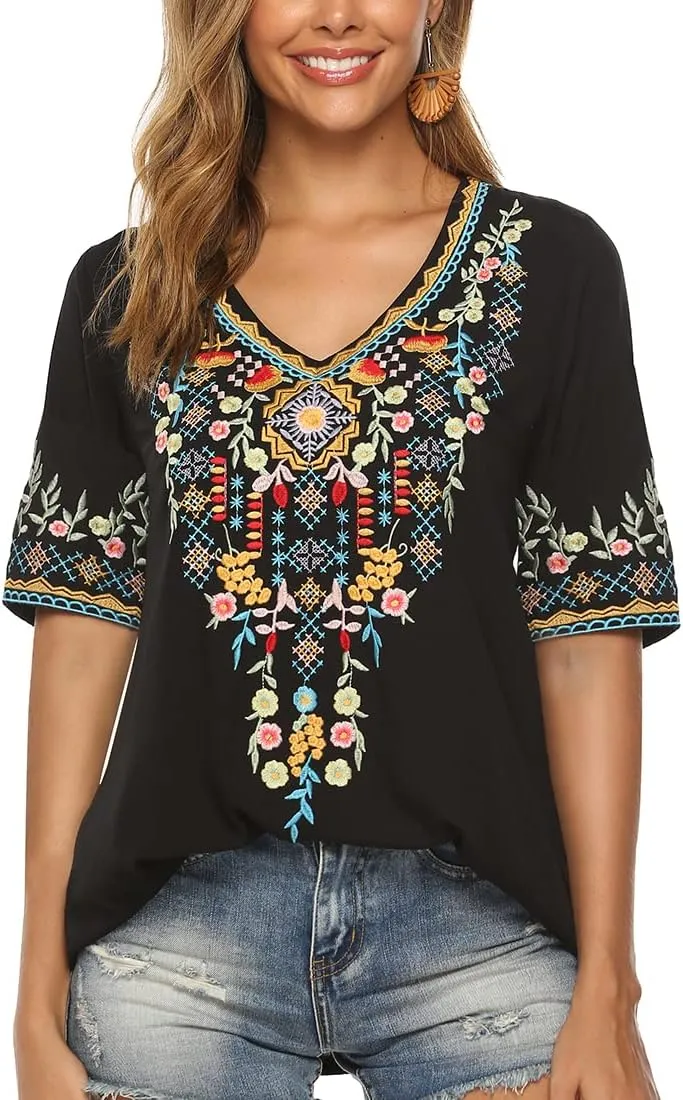 AK Women's V Neck Casual Summer Blouse, Boho Embroidered Mexican Peasant Tops Short Sleeve Shirts Casual Blouse Loose Tunics