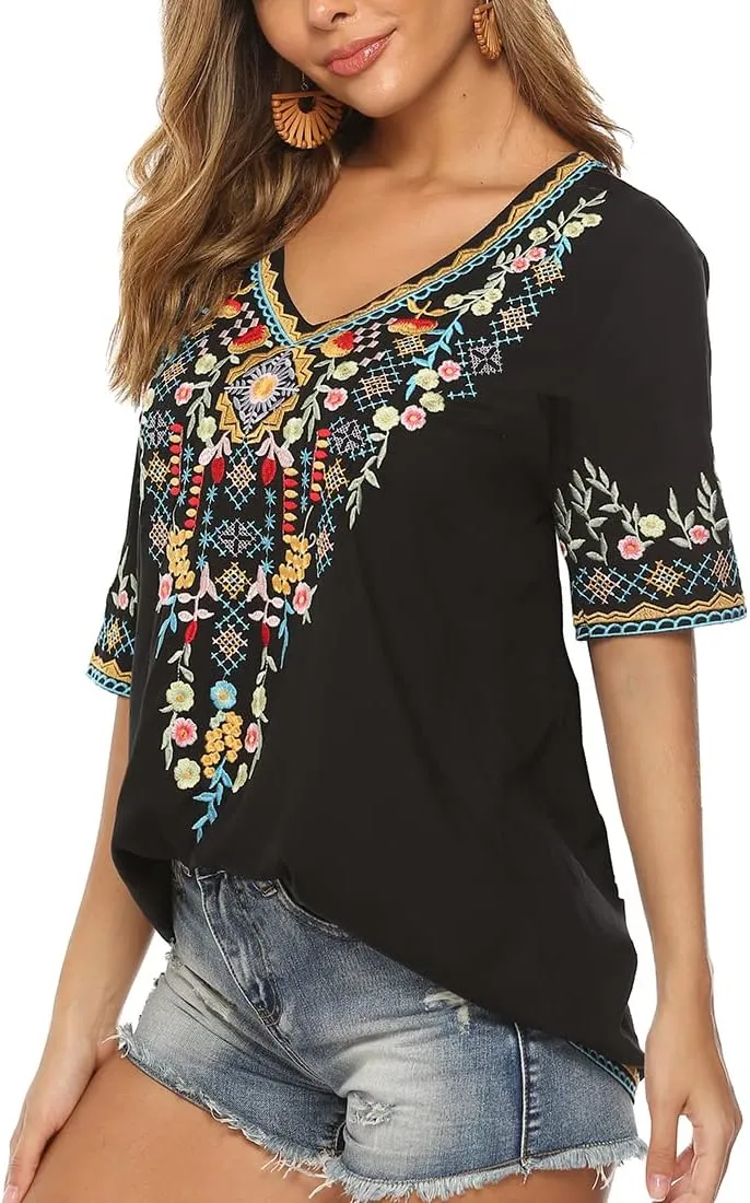 AK Women's V Neck Casual Summer Blouse, Boho Embroidered Mexican Peasant Tops Short Sleeve Shirts Casual Blouse Loose Tunics