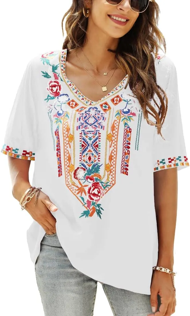 AK Women's V Neck Casual Summer Blouse, Boho Embroidered Mexican Peasant Tops Short Sleeve Shirts Casual Blouse Loose Tunics