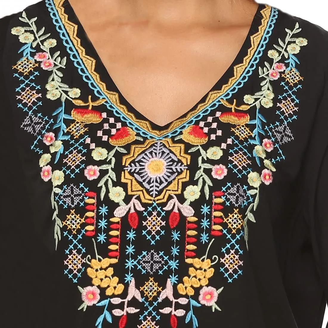 AK Women's V Neck Casual Summer Blouse, Boho Embroidered Mexican Peasant Tops Short Sleeve Shirts Casual Blouse Loose Tunics