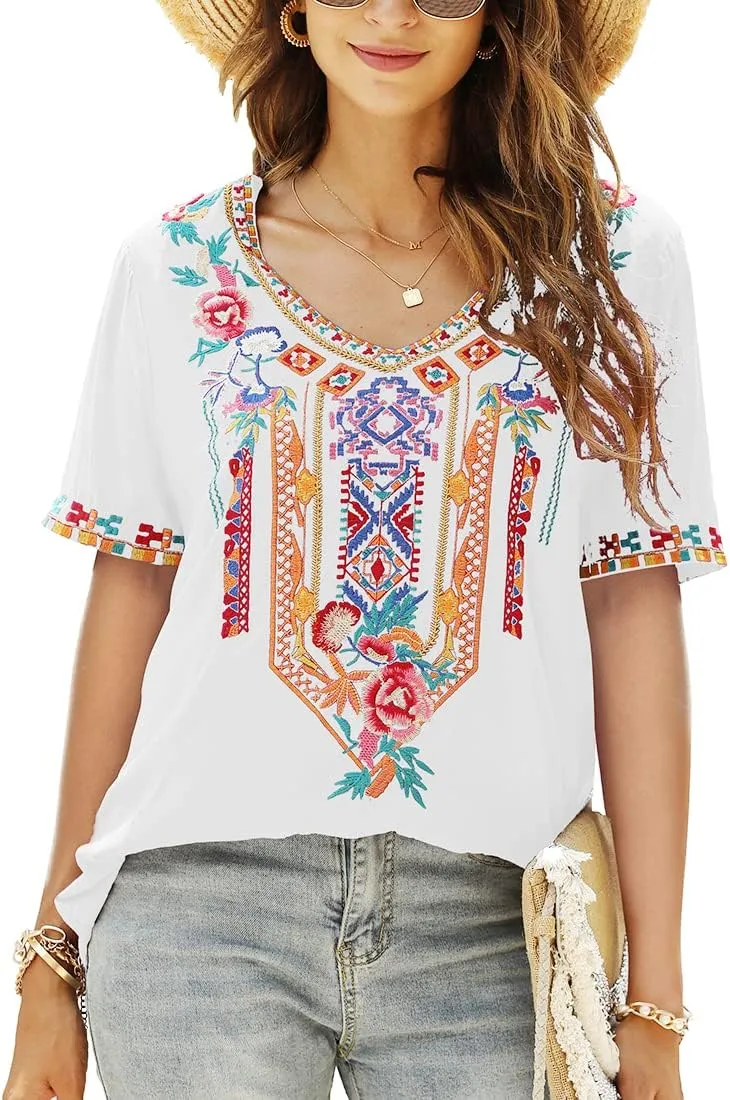 AK Women's V Neck Casual Summer Blouse, Boho Embroidered Mexican Peasant Tops Short Sleeve Shirts Casual Blouse Loose Tunics