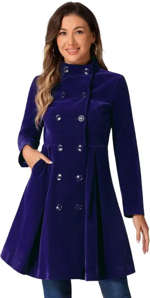 Allegra K Velvet A-Line Coat for Women's Christmas Double Breasted Winter Swing Coats