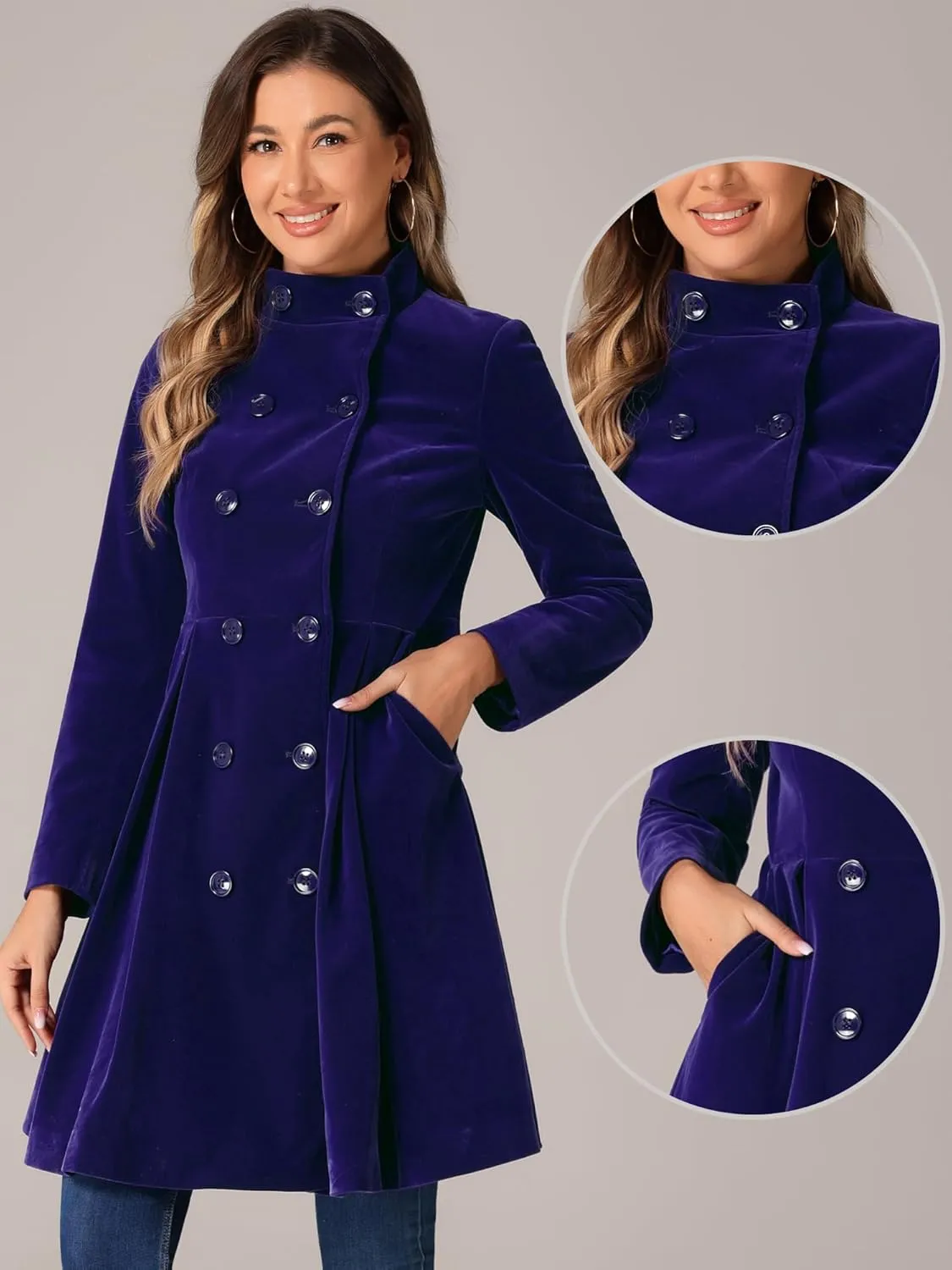 Allegra K Velvet A-Line Coat for Women's Christmas Double Breasted Winter Swing Coats
