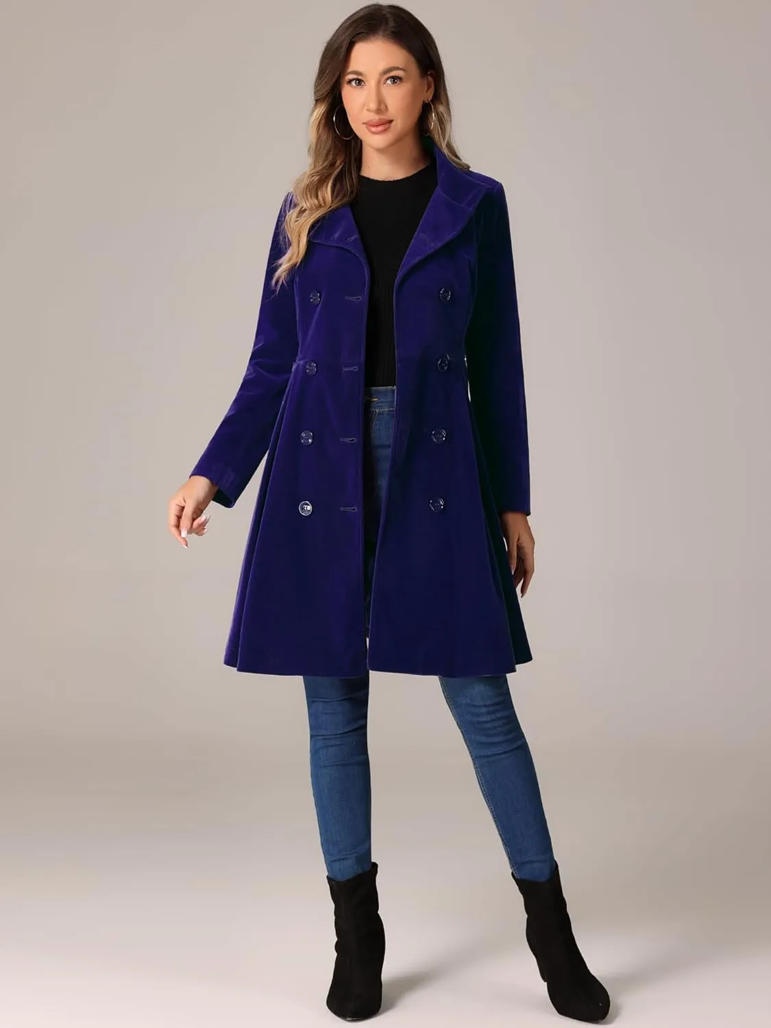 Allegra K Velvet A-Line Coat for Women's Christmas Double Breasted Winter Swing Coats