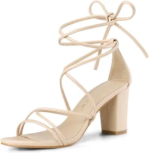 Allegra K Women's Strappy Lace Up Chunky Heeled Sandals