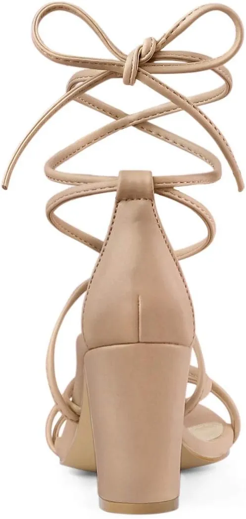 Allegra K Women's Strappy Lace Up Chunky Heeled Sandals