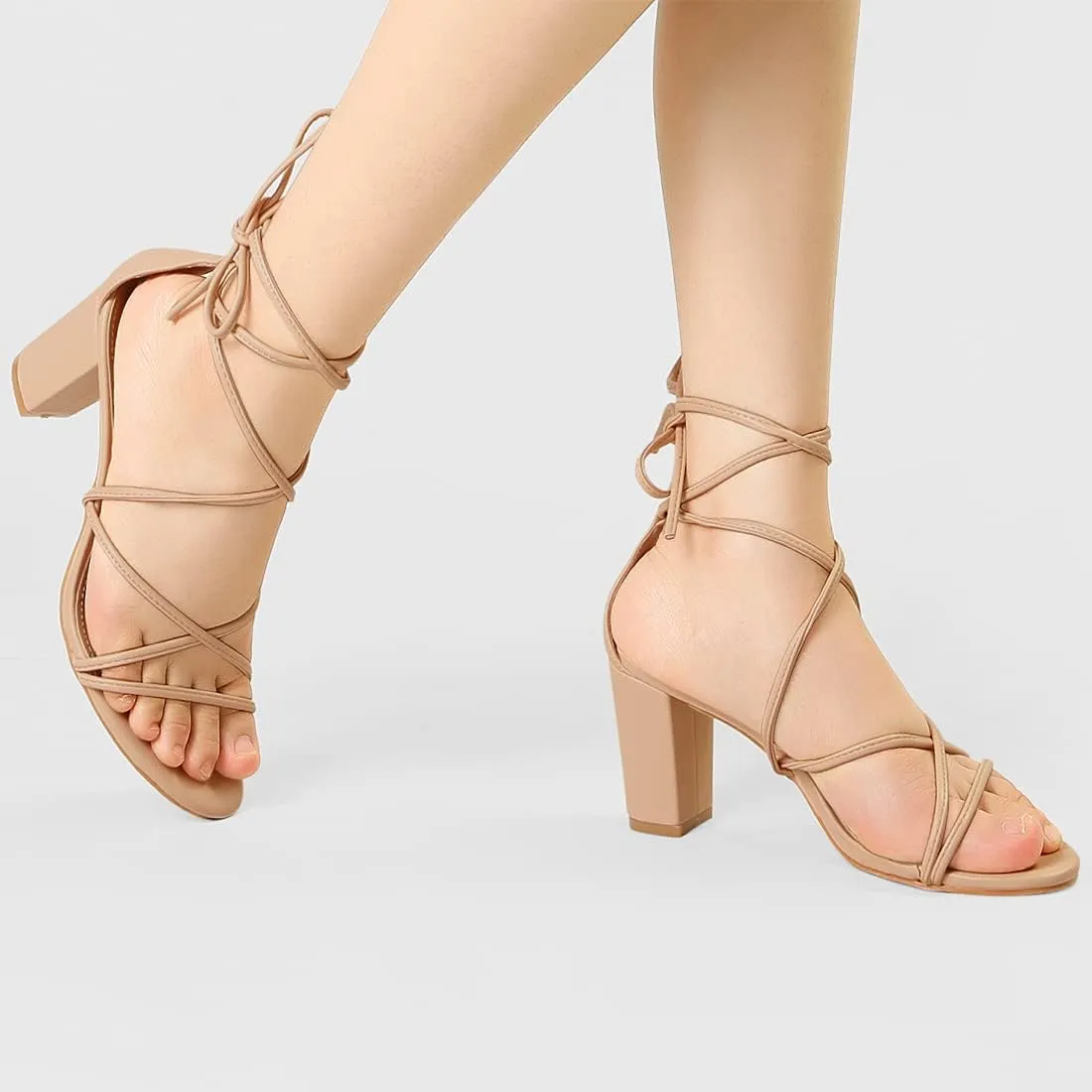 Allegra K Women's Strappy Lace Up Chunky Heeled Sandals