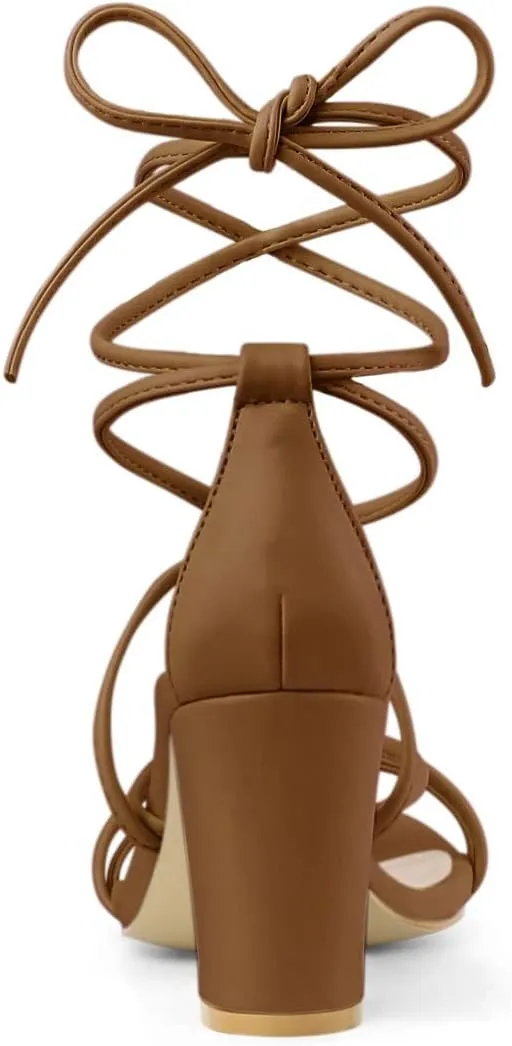 Allegra K Women's Strappy Lace Up Chunky Heeled Sandals
