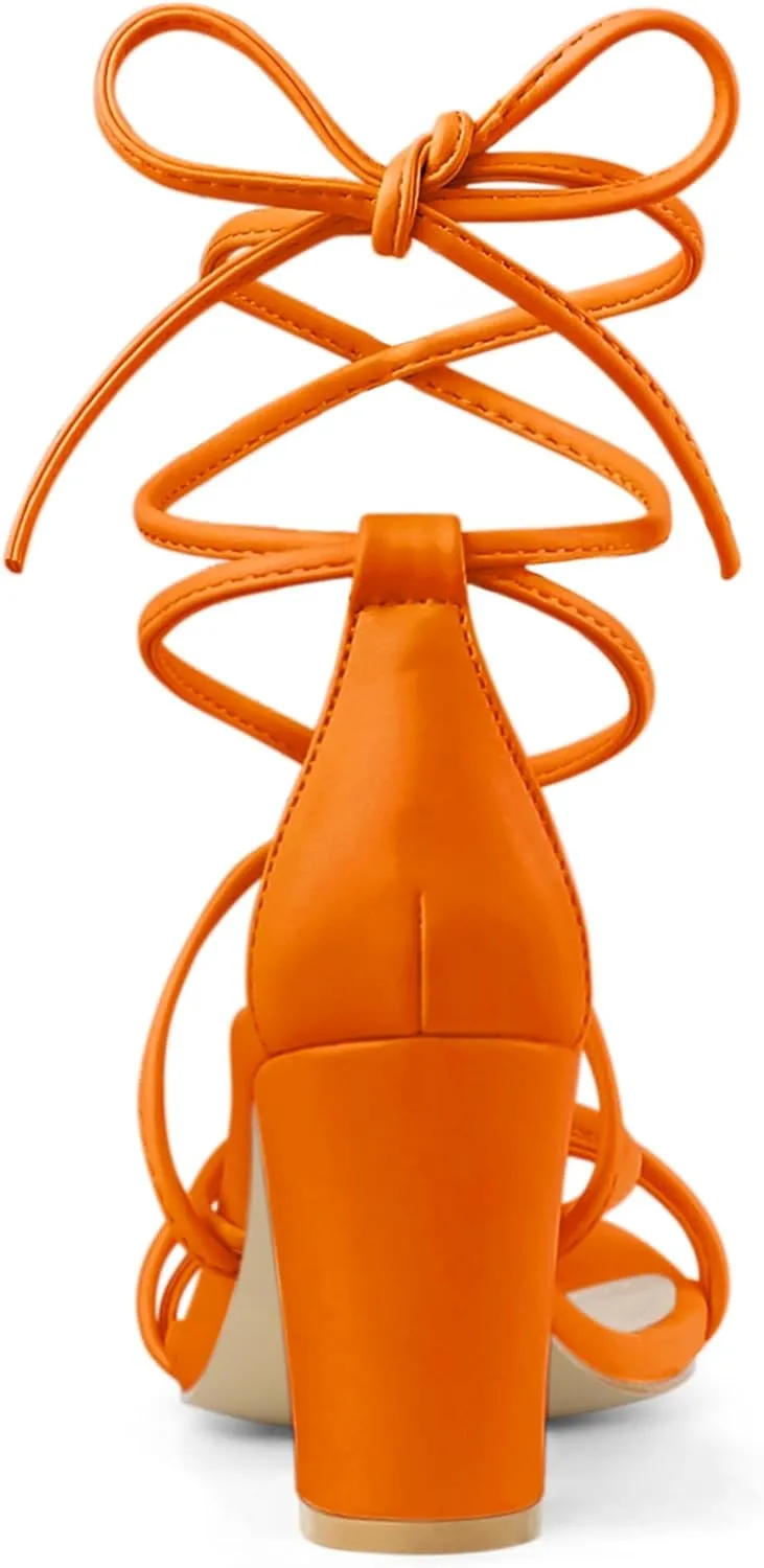 Allegra K Women's Strappy Lace Up Chunky Heeled Sandals
