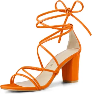 Allegra K Women's Strappy Lace Up Chunky Heeled Sandals