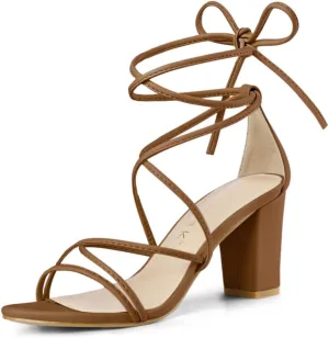 Allegra K Women's Strappy Lace Up Chunky Heeled Sandals