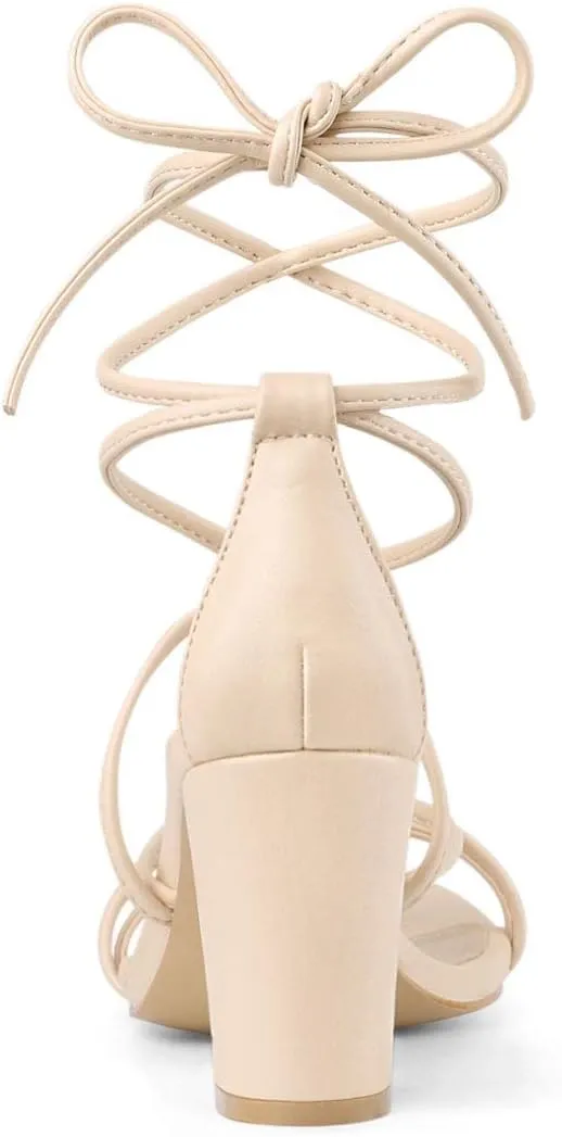 Allegra K Women's Strappy Lace Up Chunky Heeled Sandals