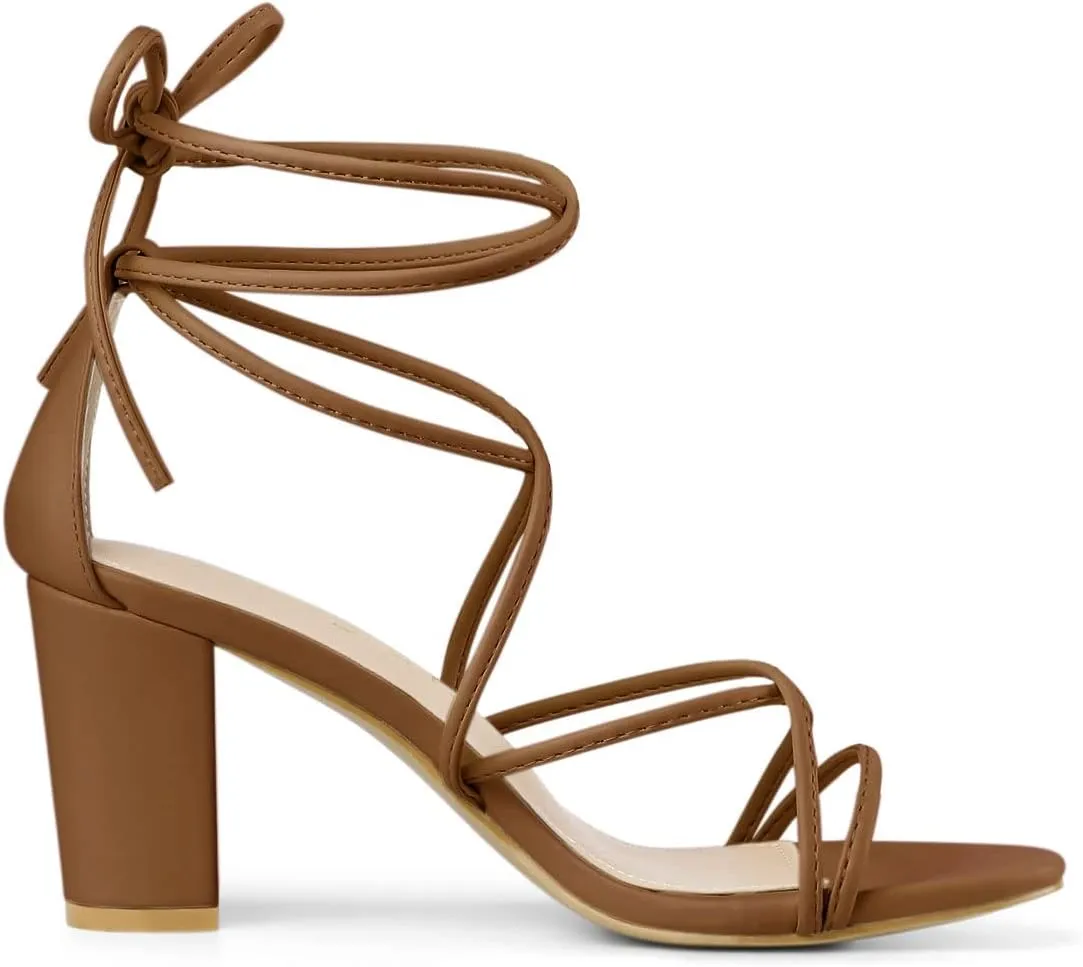 Allegra K Women's Strappy Lace Up Chunky Heeled Sandals