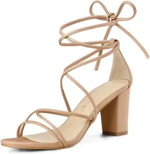 Allegra K Women's Strappy Lace Up Chunky Heeled Sandals