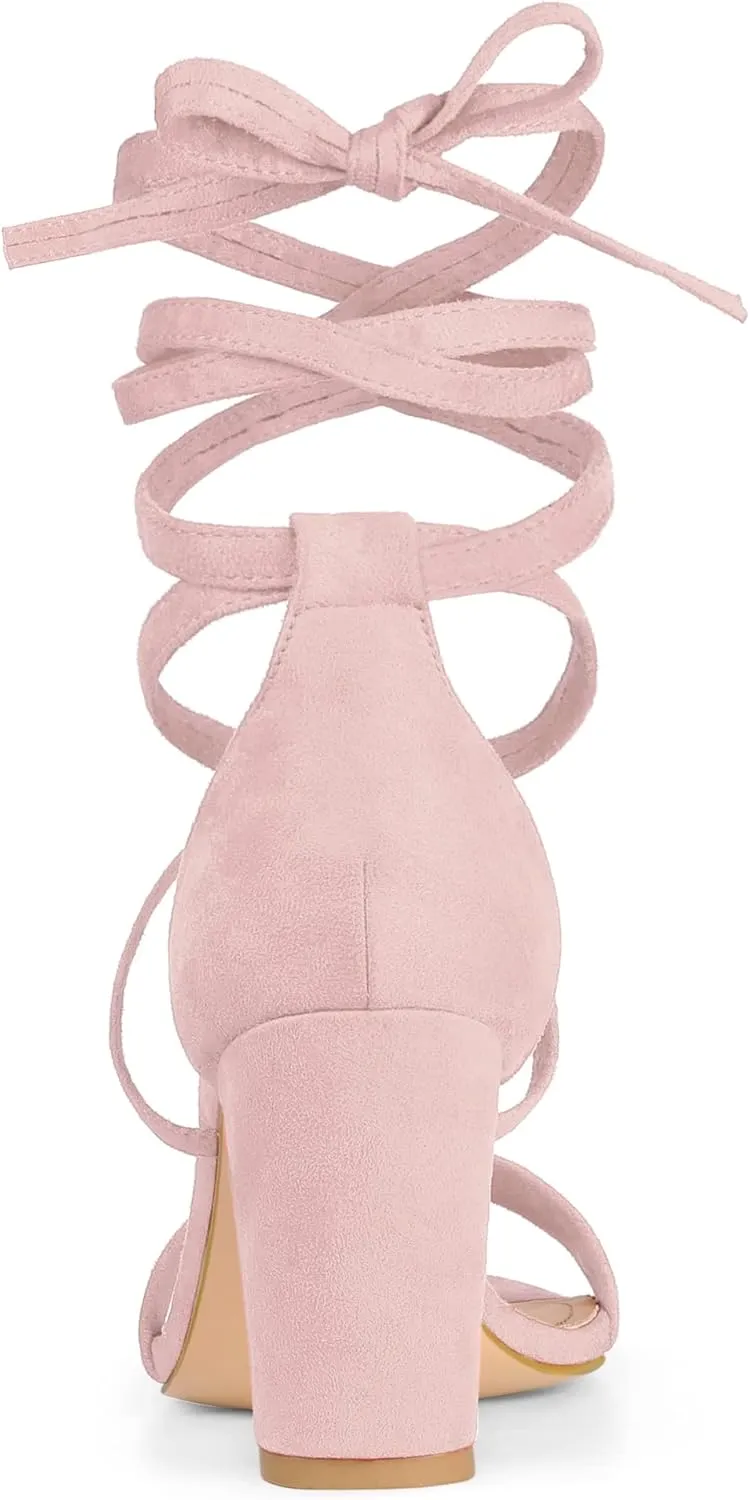 Allegra K Women's Strappy Lace Up Heel Chunky High Heels Sandals
