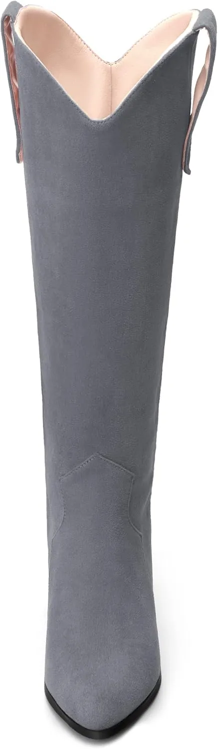 AMBELIGHT Chunky Heel Knee High Boots for Women Western Cowboy Cowgirl Tall Boots Pull on Pointed Toe Fashion Classic Long Boots
