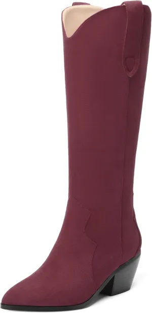 AMBELIGHT Chunky Heel Knee High Boots for Women Western Cowboy Cowgirl Tall Boots Pull on Pointed Toe Fashion Classic Long Boots