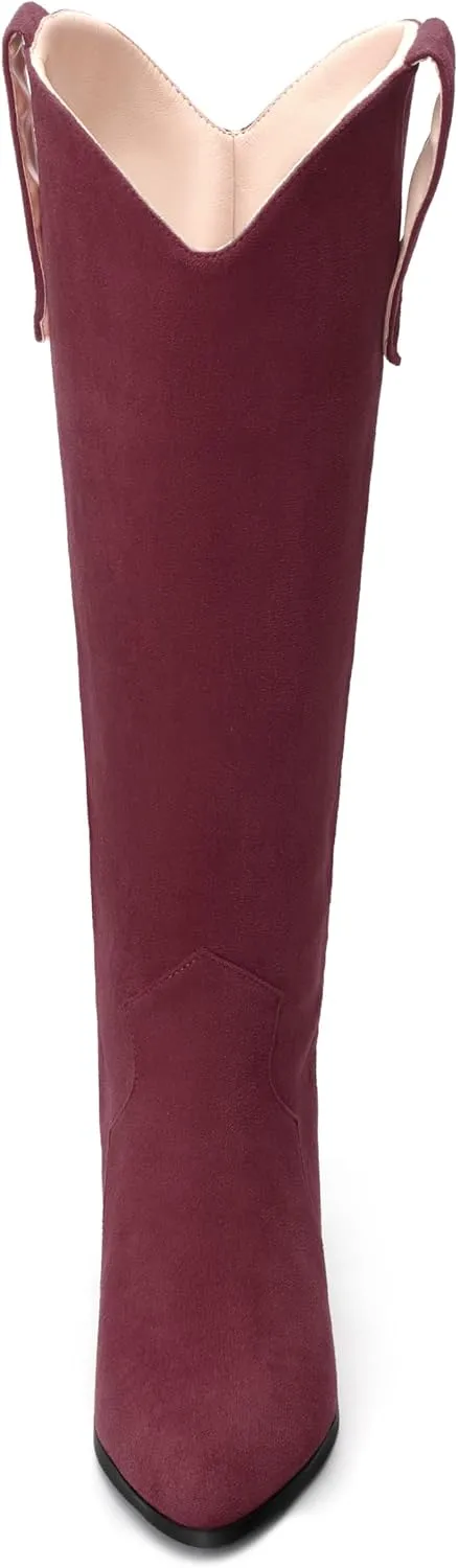 AMBELIGHT Chunky Heel Knee High Boots for Women Western Cowboy Cowgirl Tall Boots Pull on Pointed Toe Fashion Classic Long Boots