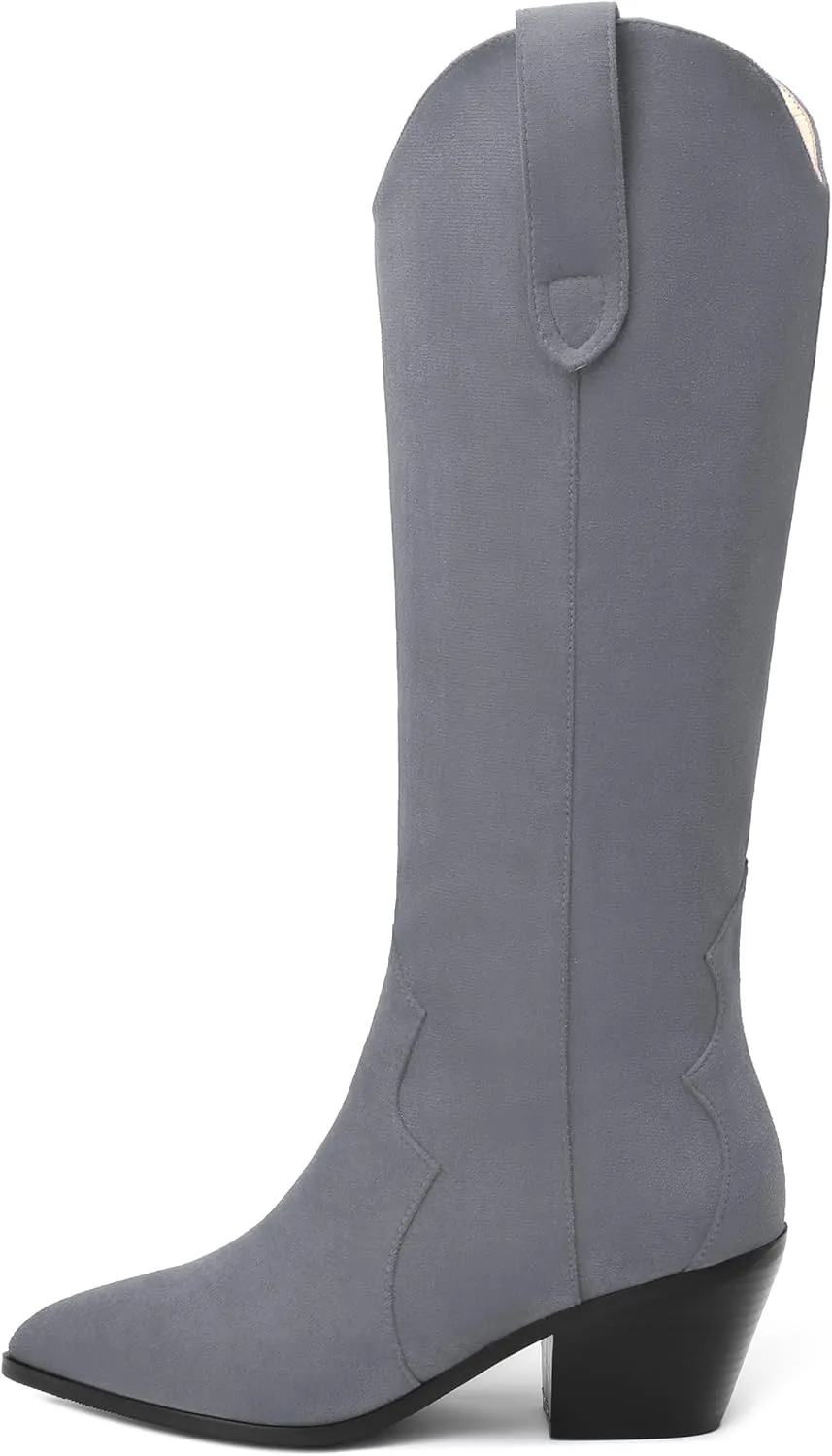 AMBELIGHT Chunky Heel Knee High Boots for Women Western Cowboy Cowgirl Tall Boots Pull on Pointed Toe Fashion Classic Long Boots