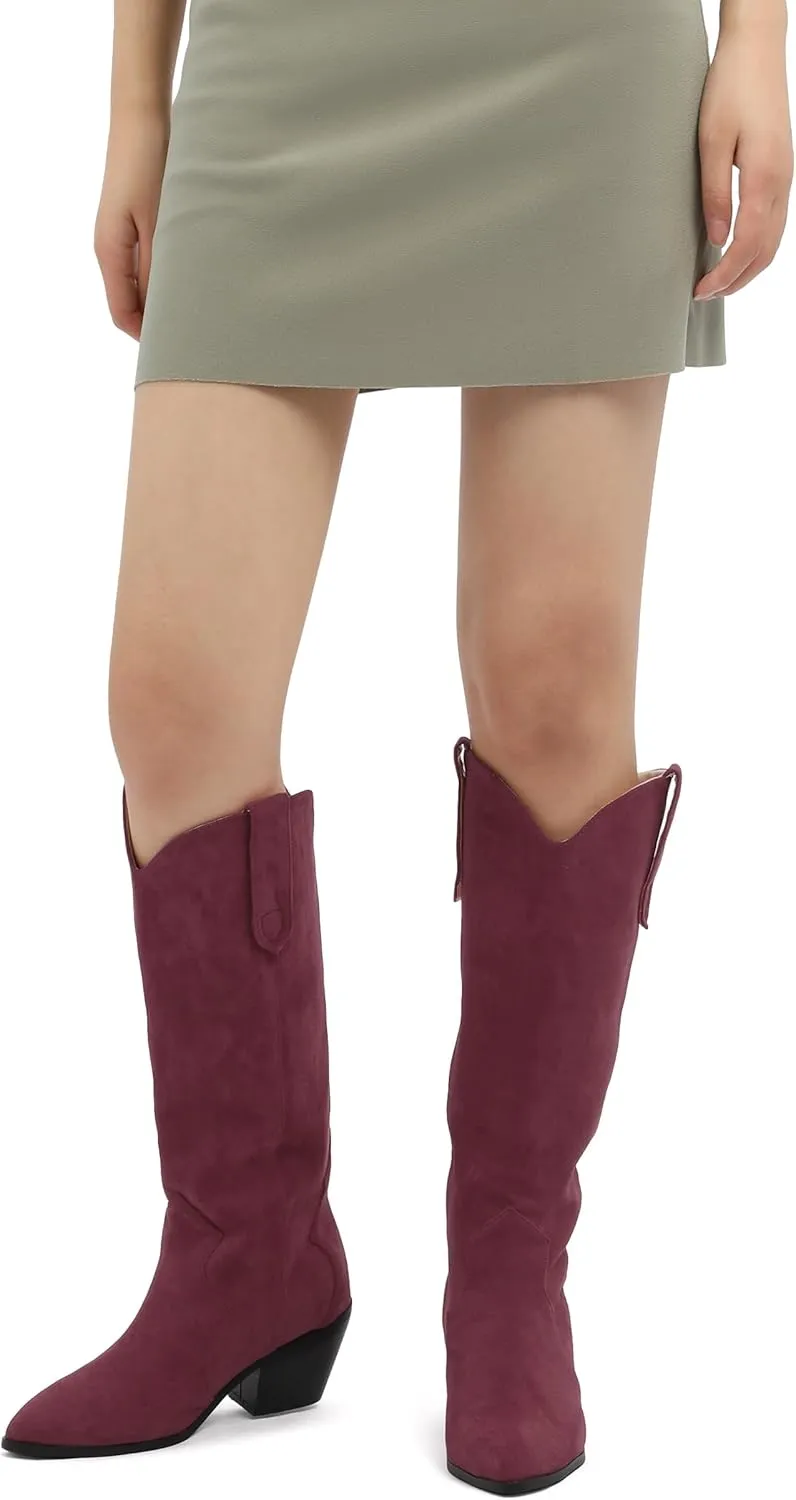 AMBELIGHT Chunky Heel Knee High Boots for Women Western Cowboy Cowgirl Tall Boots Pull on Pointed Toe Fashion Classic Long Boots