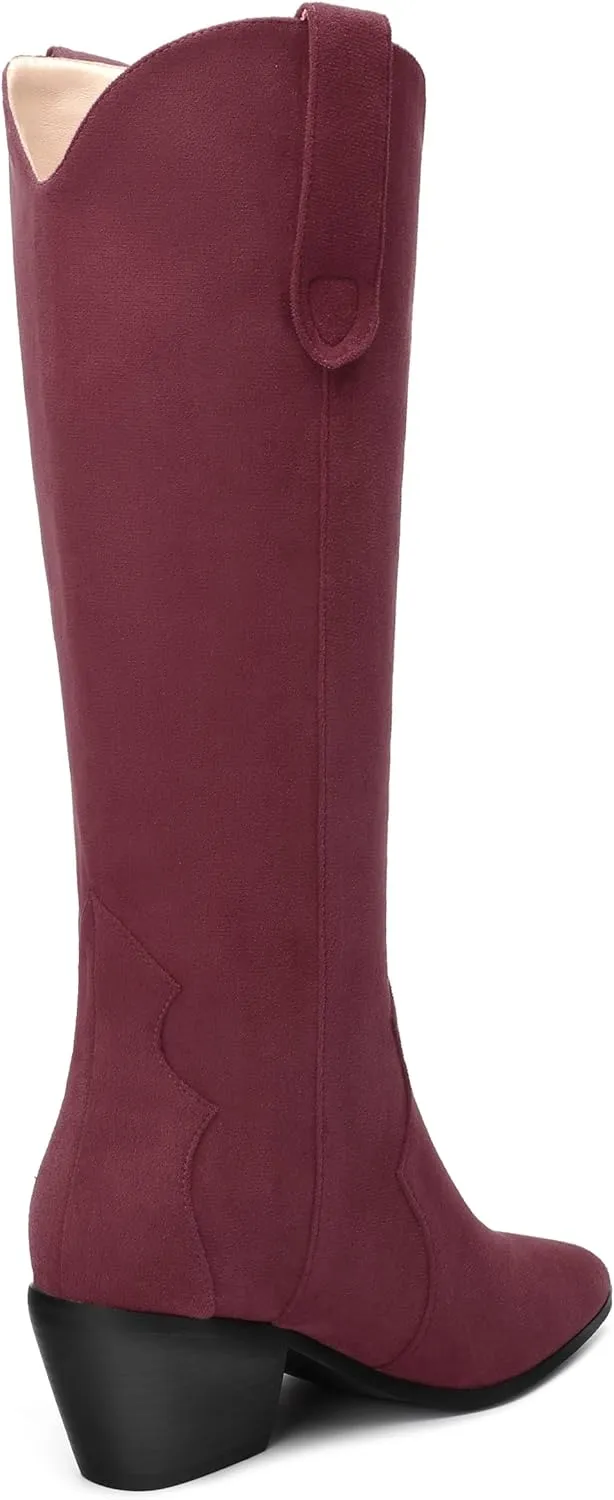 AMBELIGHT Chunky Heel Knee High Boots for Women Western Cowboy Cowgirl Tall Boots Pull on Pointed Toe Fashion Classic Long Boots
