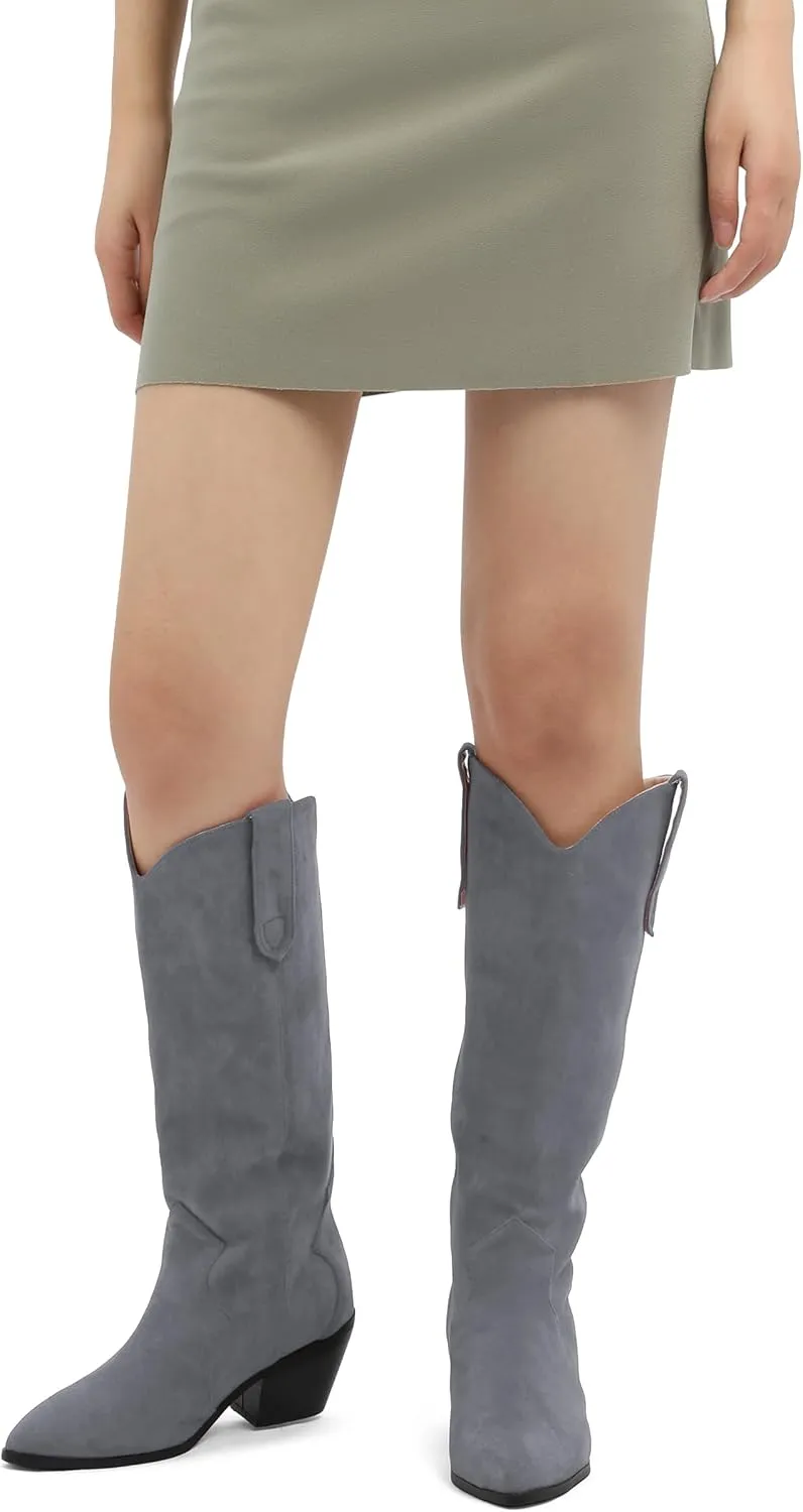 AMBELIGHT Chunky Heel Knee High Boots for Women Western Cowboy Cowgirl Tall Boots Pull on Pointed Toe Fashion Classic Long Boots