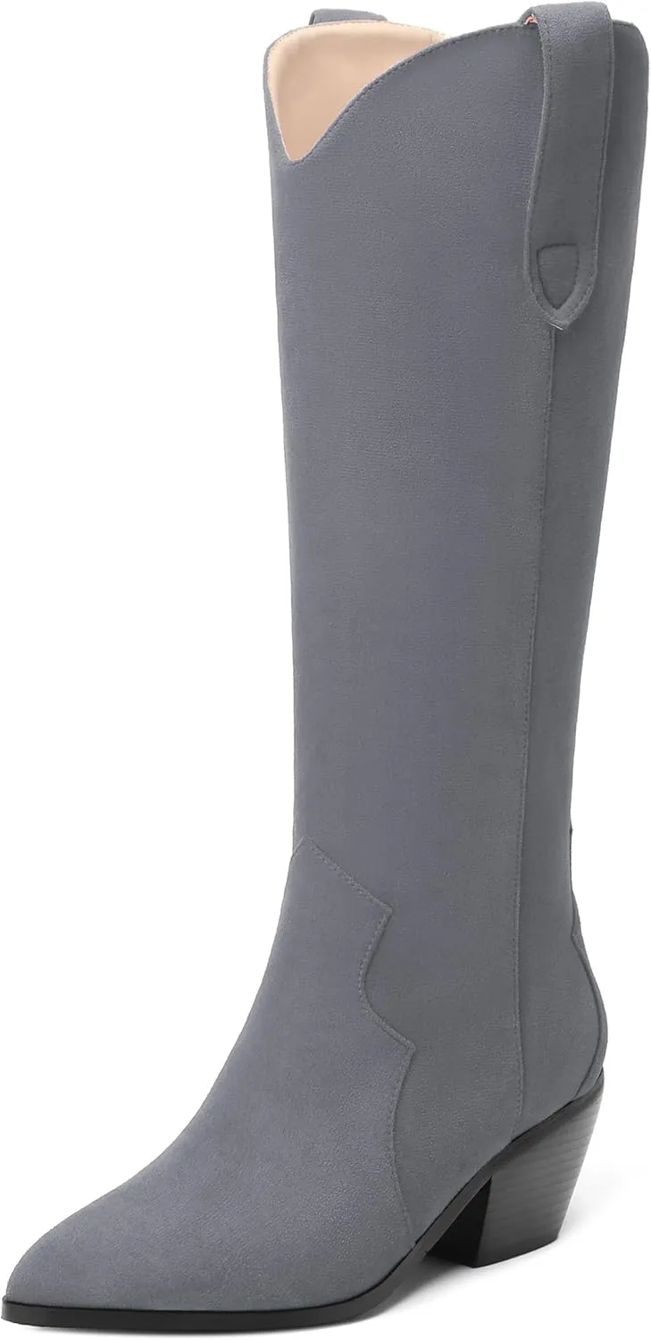 AMBELIGHT Chunky Heel Knee High Boots for Women Western Cowboy Cowgirl Tall Boots Pull on Pointed Toe Fashion Classic Long Boots