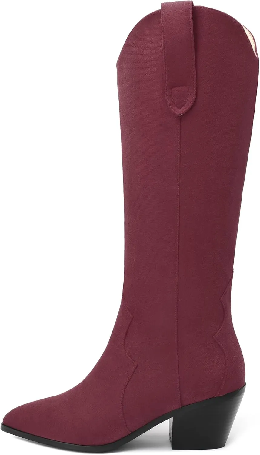 AMBELIGHT Chunky Heel Knee High Boots for Women Western Cowboy Cowgirl Tall Boots Pull on Pointed Toe Fashion Classic Long Boots