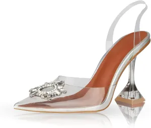 AMINUGAL Womens Slingback Clear High Heel Sandals Band Pointed Toe Triangle Heeled Rhinestones Crystal Dress Party Wedding Bride Shoes