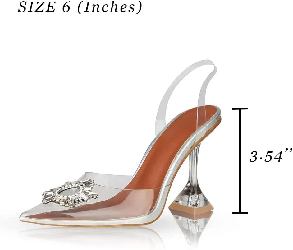 AMINUGAL Womens Slingback Clear High Heel Sandals Band Pointed Toe Triangle Heeled Rhinestones Crystal Dress Party Wedding Bride Shoes