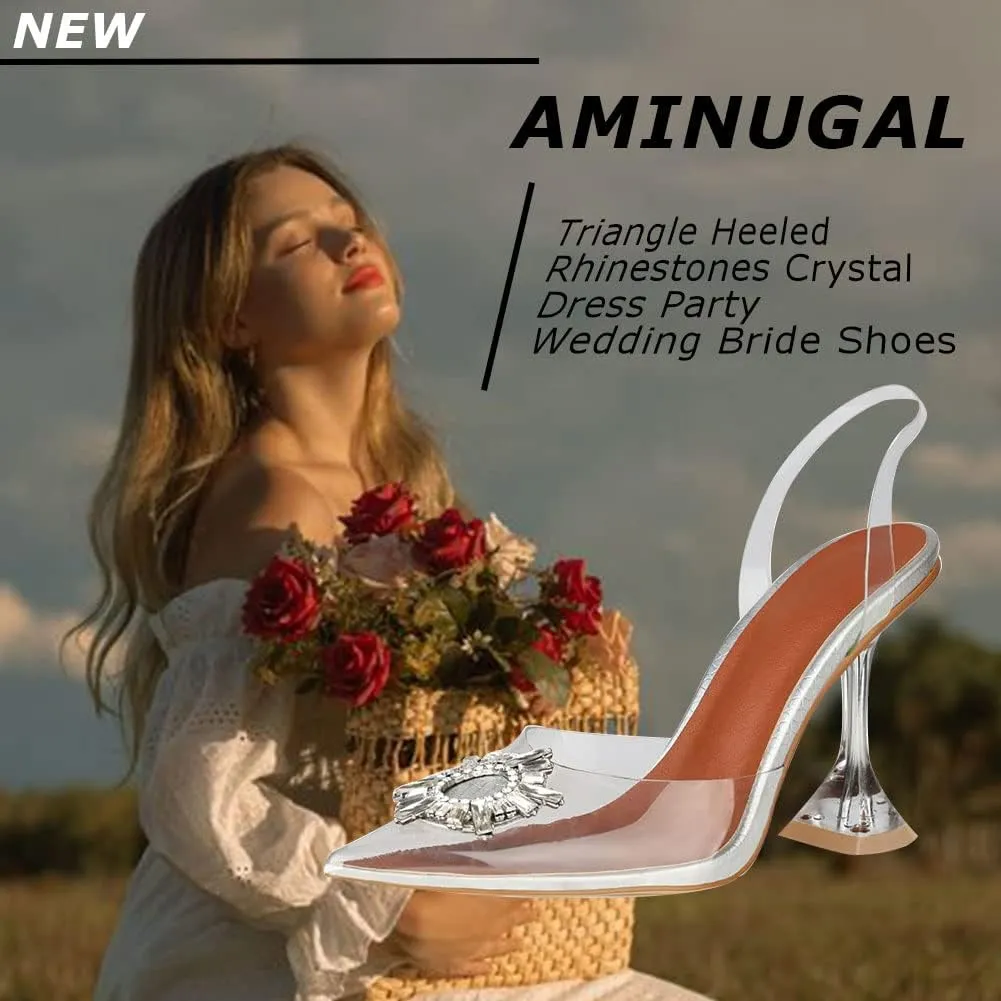 AMINUGAL Womens Slingback Clear High Heel Sandals Band Pointed Toe Triangle Heeled Rhinestones Crystal Dress Party Wedding Bride Shoes