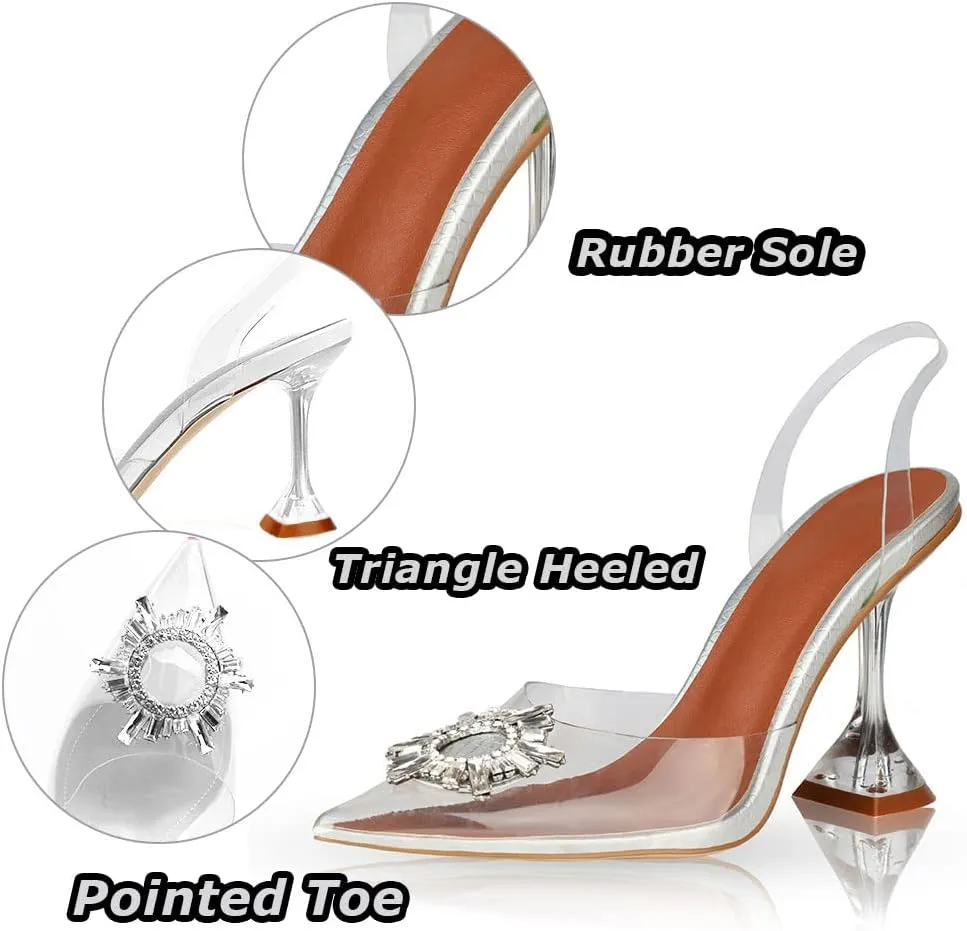 AMINUGAL Womens Slingback Clear High Heel Sandals Band Pointed Toe Triangle Heeled Rhinestones Crystal Dress Party Wedding Bride Shoes