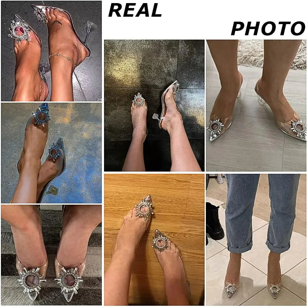 AMINUGAL Womens Slingback Clear High Heel Sandals Band Pointed Toe Triangle Heeled Rhinestones Crystal Dress Party Wedding Bride Shoes